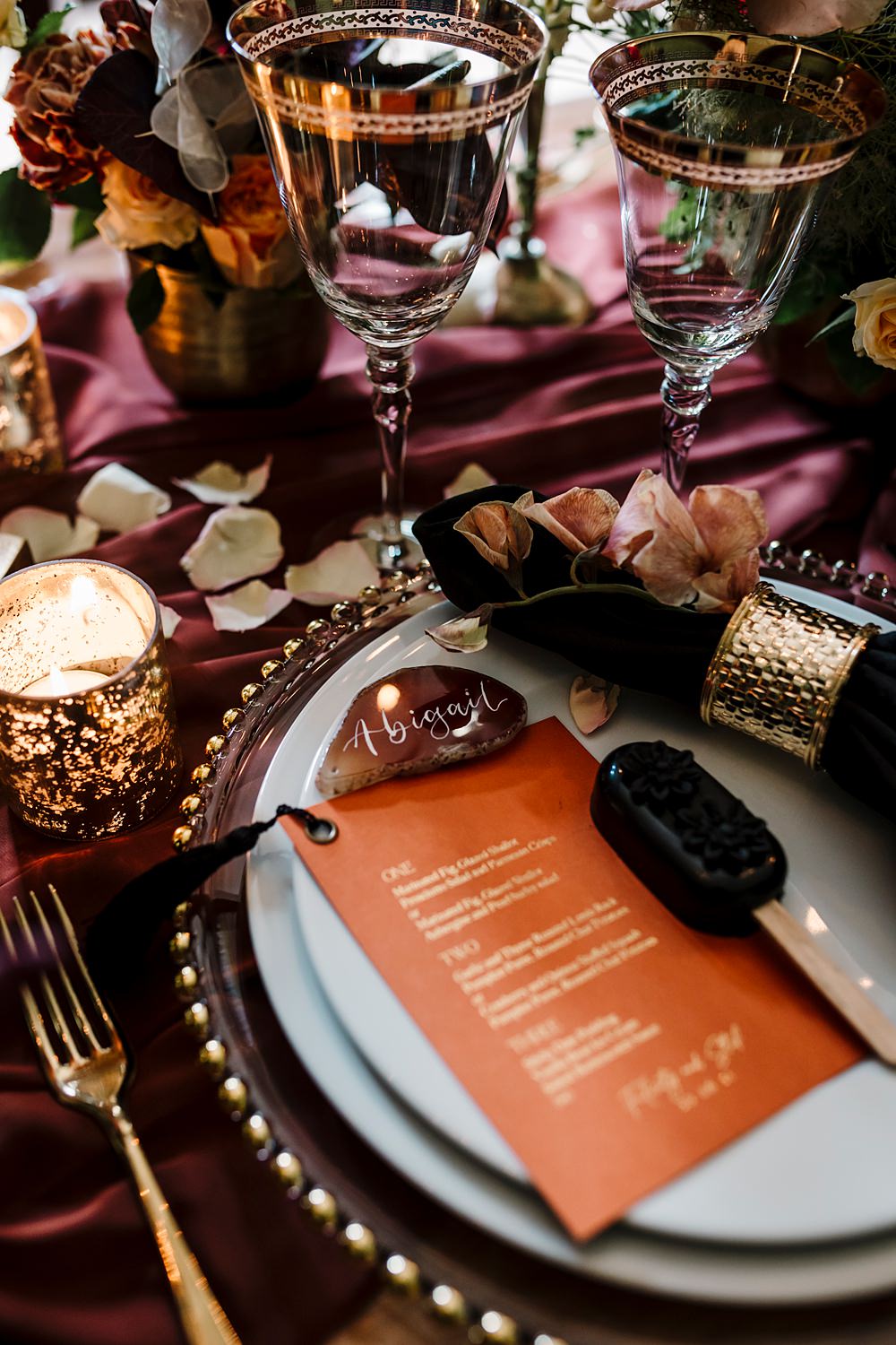 Place Setting Napkin Lolly Favour Charger Plate Table Decor Red Black Gold Menu Card Dunwood Hall Estate Wedding Amy Faith Photography