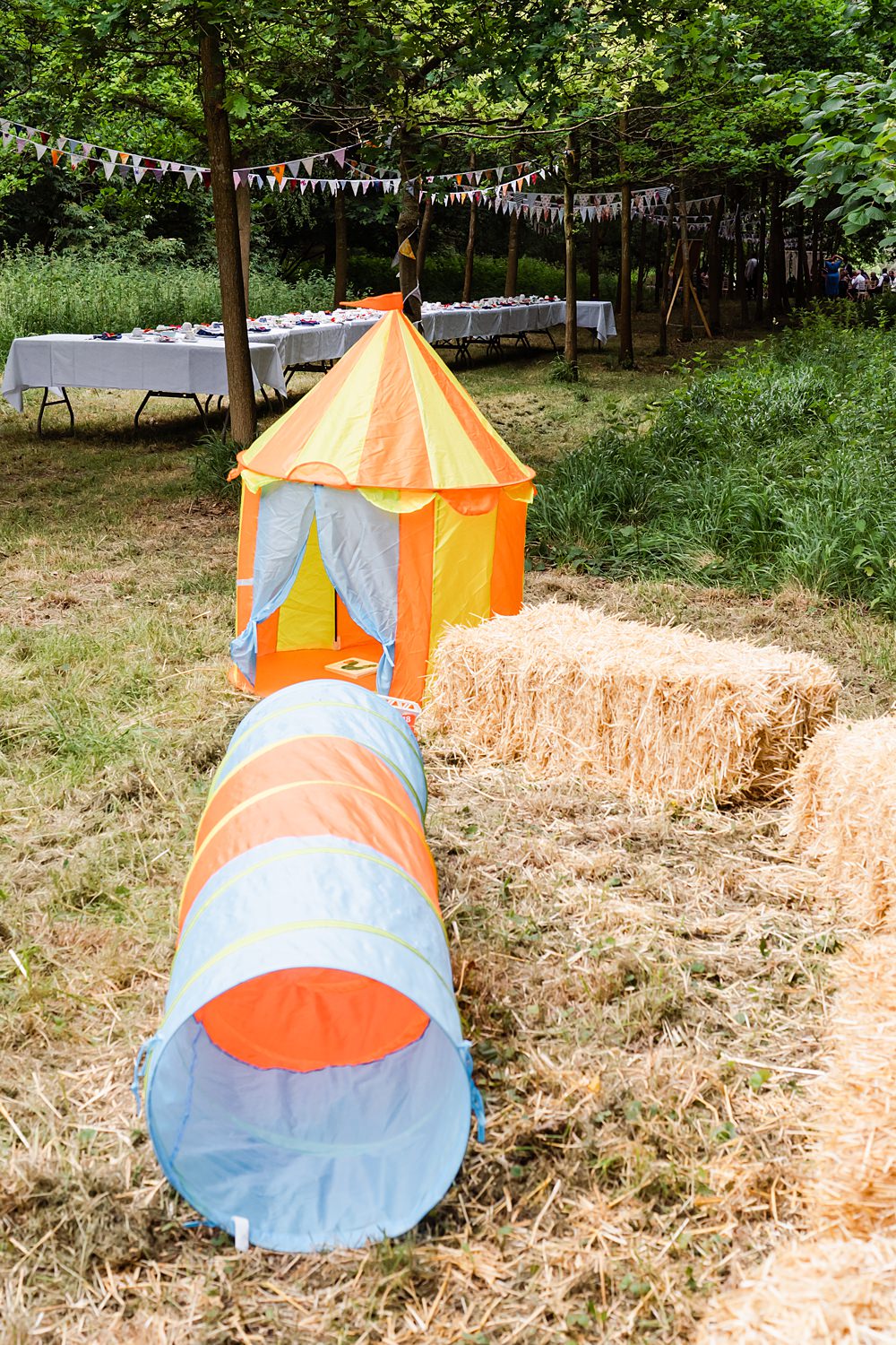 Kids Play Tent Tunnel Hay Bales Off Grid Woodland Wedding Purple Kite Photography