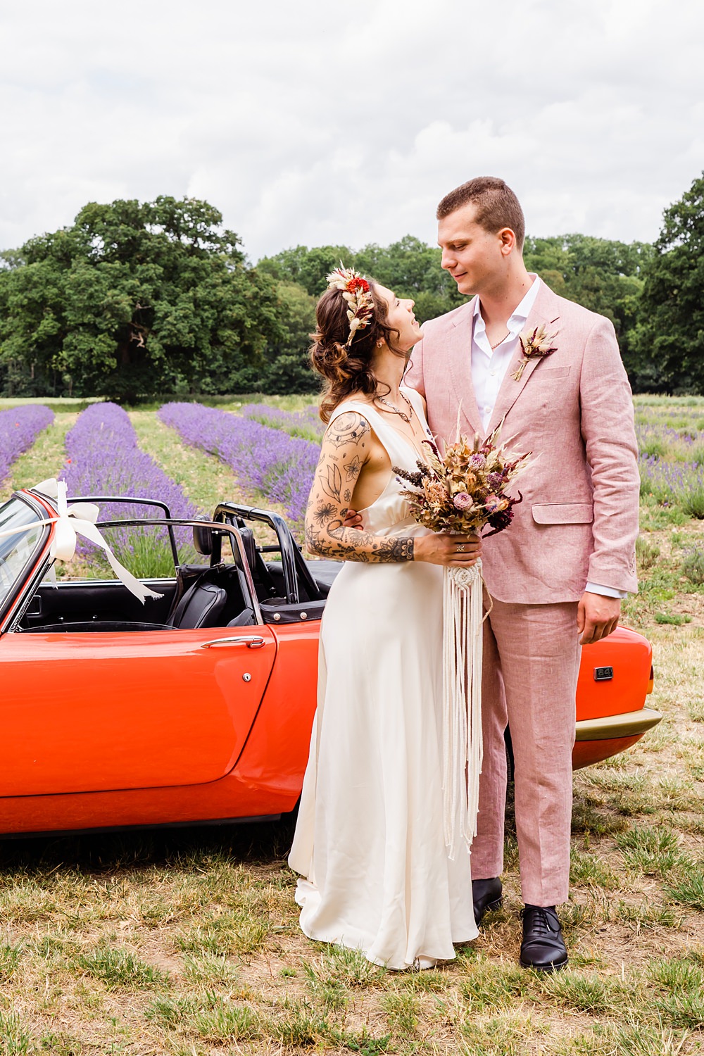 Red Classic Car Off Grid Woodland Wedding Purple Kite Photography