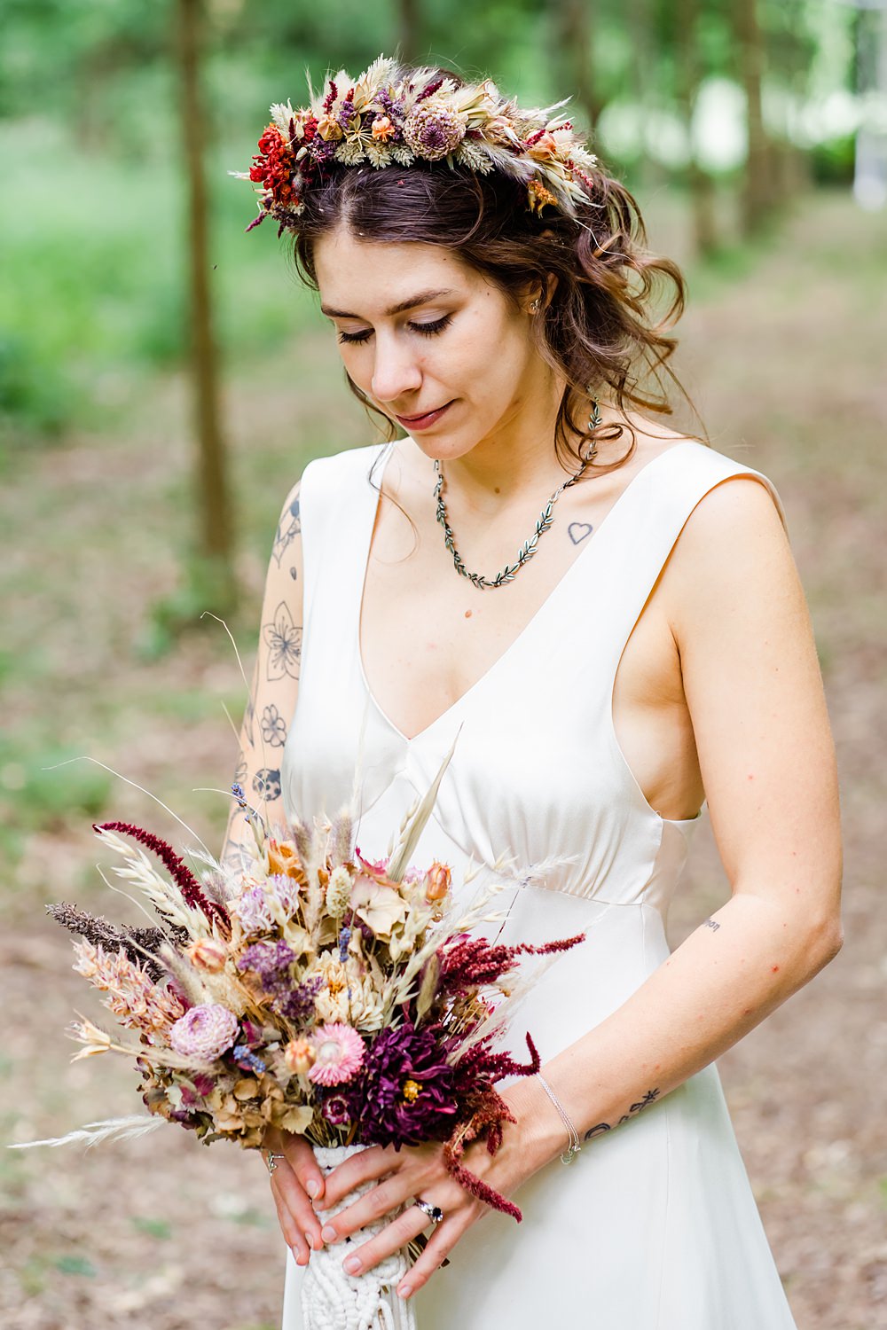 Bride Dried Flower Crown Off Grid Woodland Wedding Purple Kite Photography