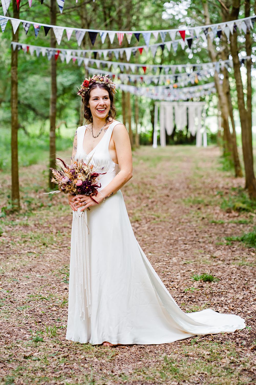 Vintage Silk Dress Bride Off Grid Woodland Wedding Purple Kite Photography