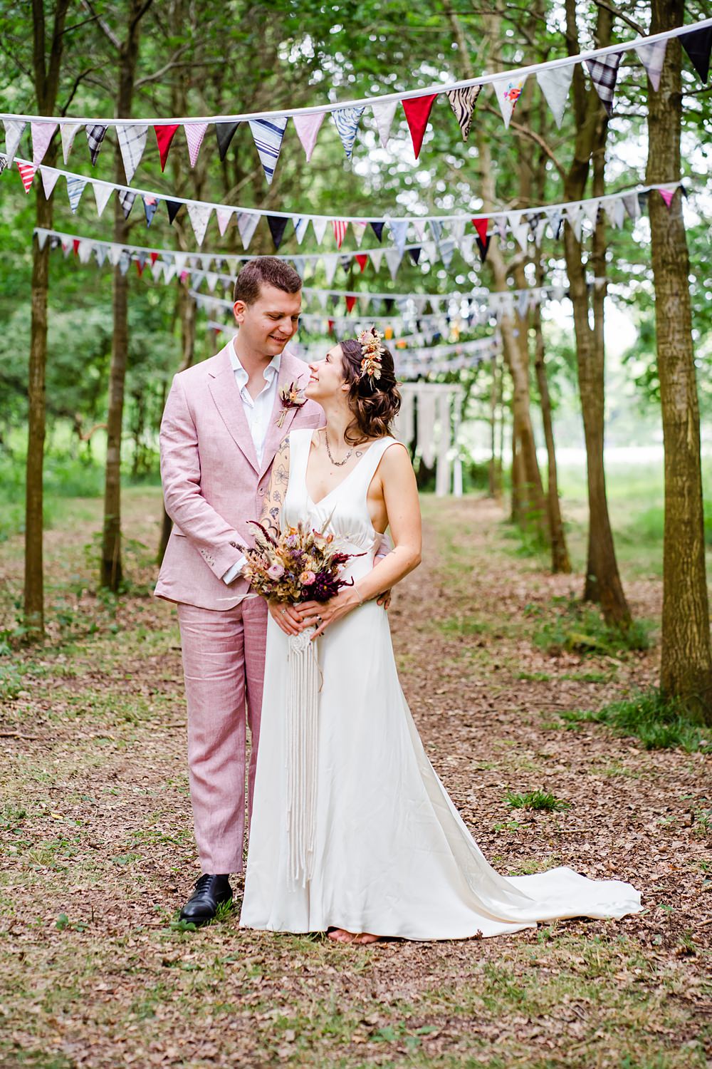 Off Grid Woodland Wedding Purple Kite Photography Bunting Decor
