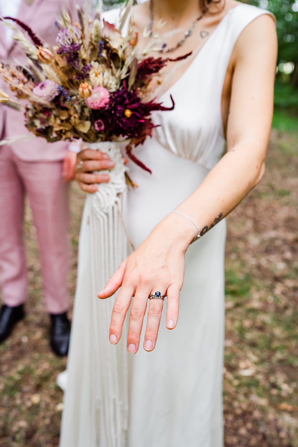 Sapphire Engagement Ring Bands Bride Groom Off Grid Woodland Wedding Purple Kite Photography