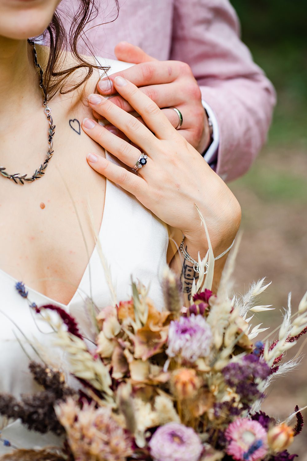 Sapphire Engagement Ring Bands Bride Groom Off Grid Woodland Wedding Purple Kite Photography