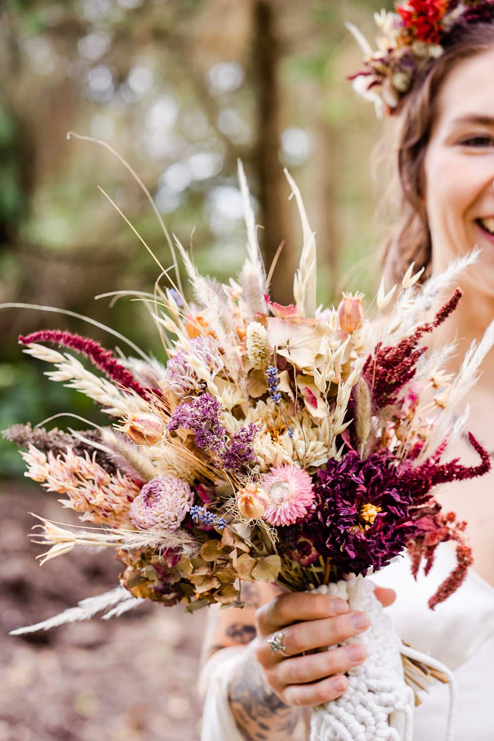 Dried Flower Bouquet Bride Off Grid Woodland Wedding Purple Kite Photography