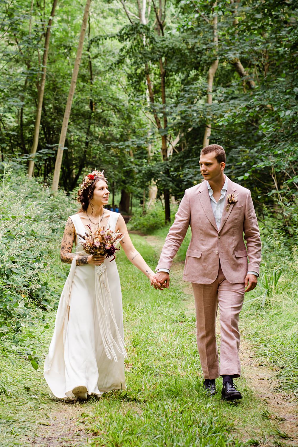 Groom Pink Suit Off Grid Woodland Wedding Purple Kite Photography