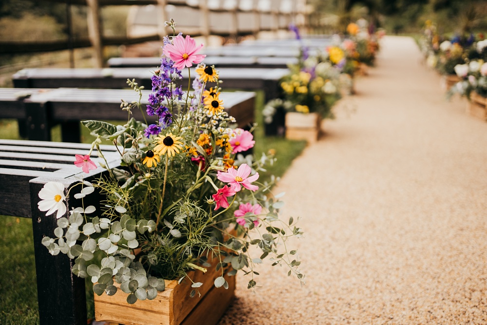 Pew End Aisle Crate Wooden Box Flowers Pagoda Wedding Ceremony Holly Collings Photography