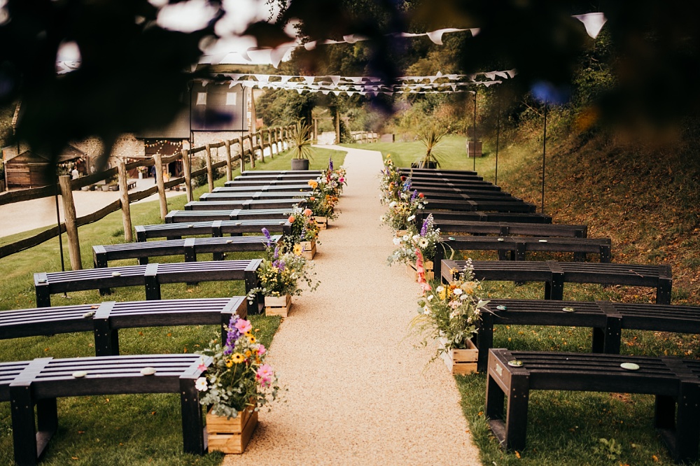 Pew End Aisle Crate Wooden Box Flowers Pagoda Wedding Ceremony Holly Collings Photography