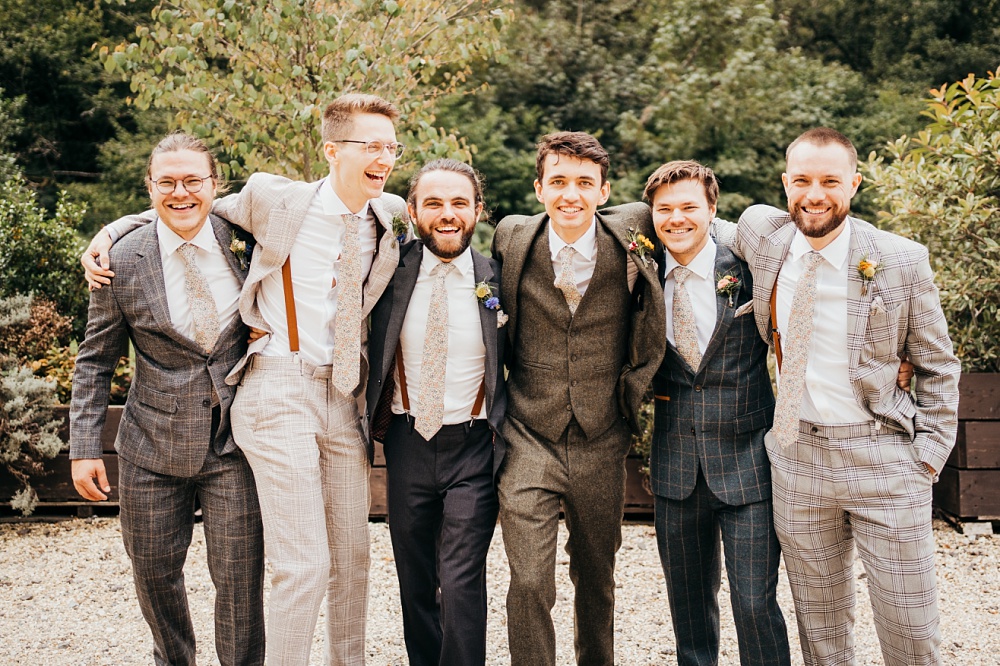 Groom Groomsmen Mismatched Suits Pagoda Wedding Ceremony Holly Collings Photography