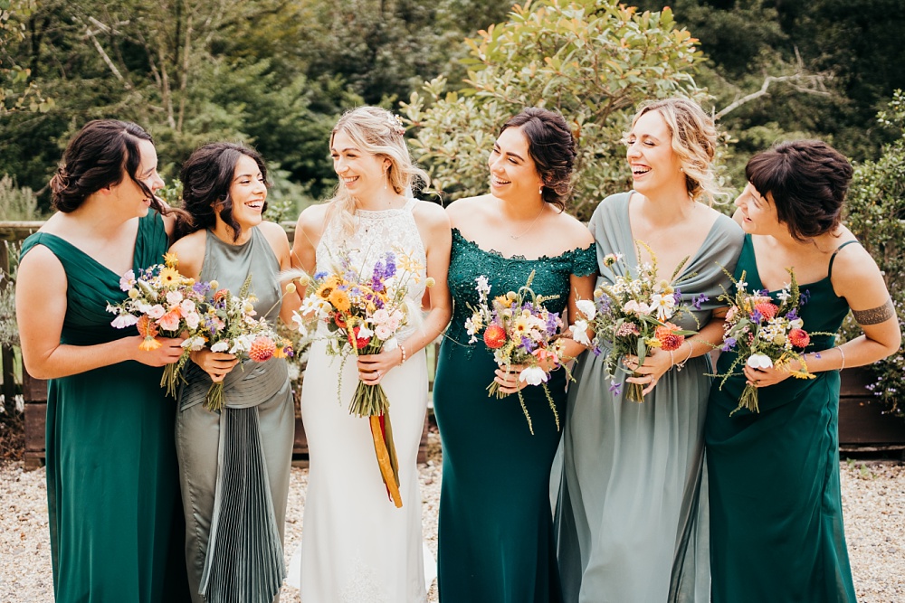 Mismatched Green Bridesmaid Dresses Pagoda Wedding Ceremony Holly Collings Photography