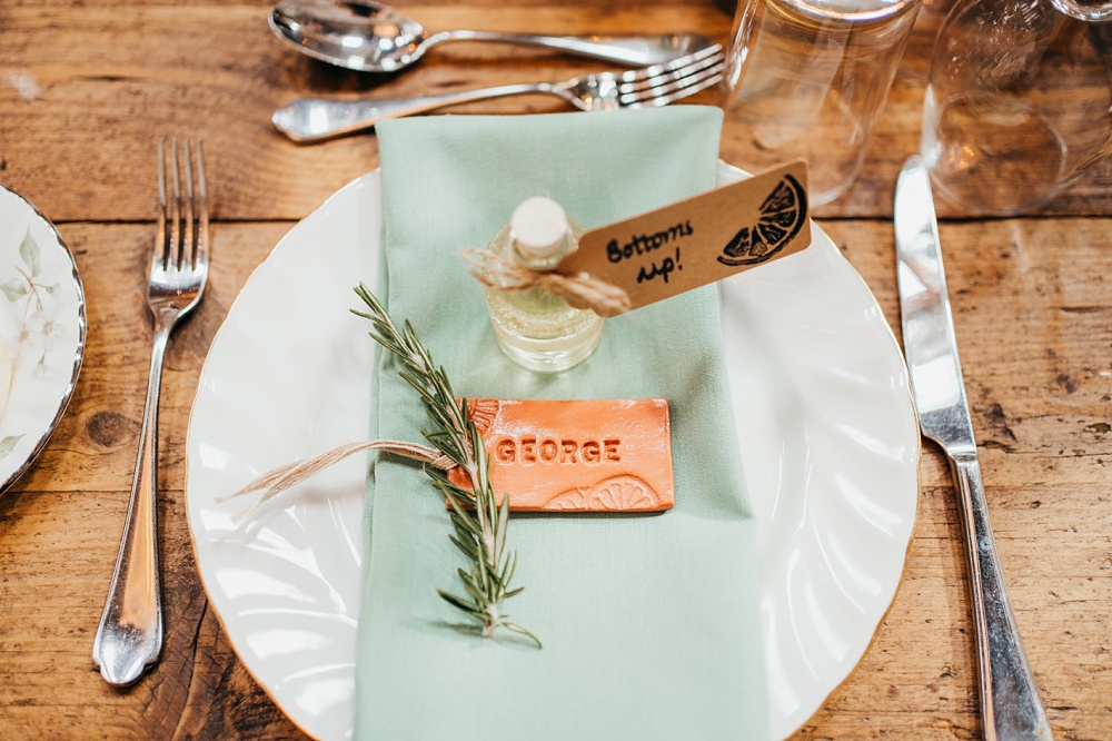Place Name Setting Rosemary Napkin Mini Drink Favour Terracotta Clay Pagoda Wedding Ceremony Holly Collings Photography
