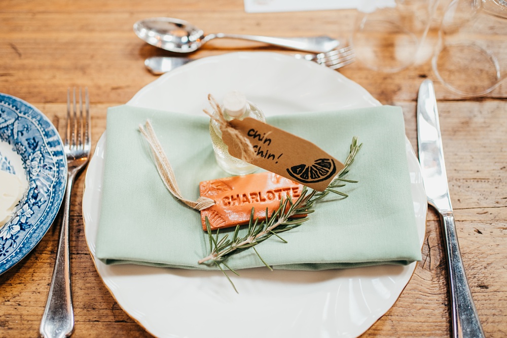 Place Name Setting Rosemary Napkin Mini Drink Favour Terracotta Clay Pagoda Wedding Ceremony Holly Collings Photography