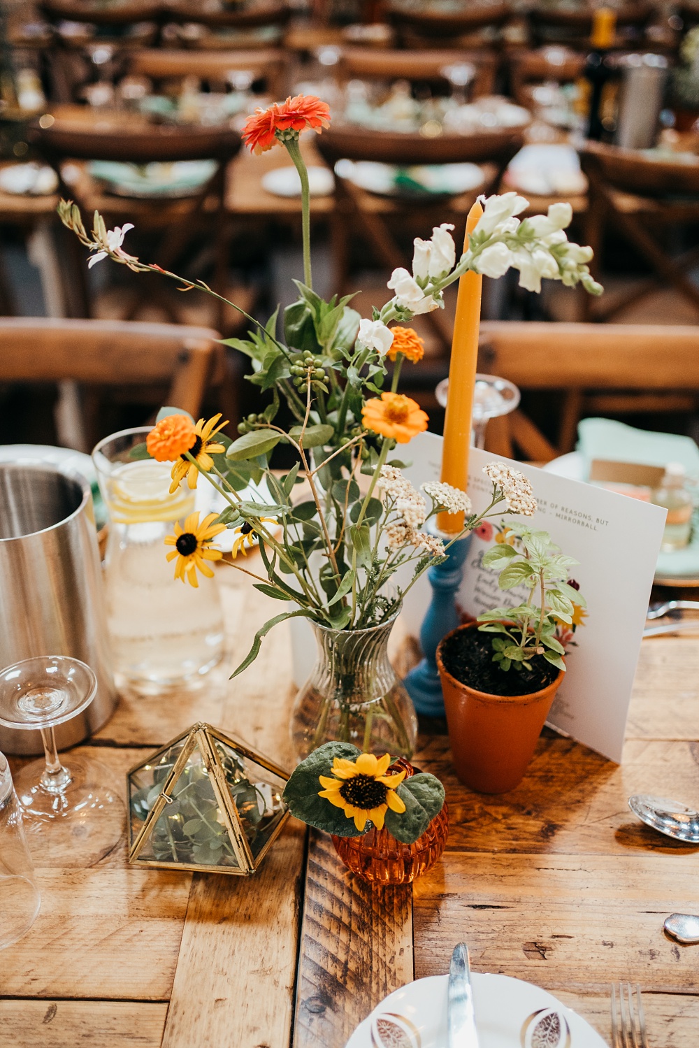 Centrepiece Flowers Pot Plants Wild Bottles Pagoda Wedding Ceremony Holly Collings Photography