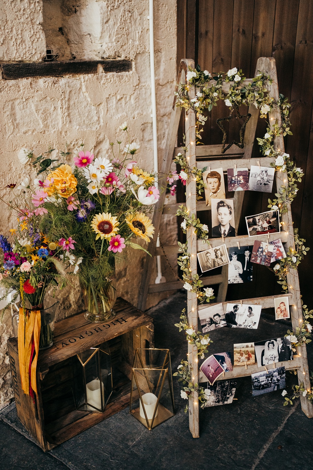 Photo Wall Ladder Decor Pagoda Wedding Ceremony Holly Collings Photography