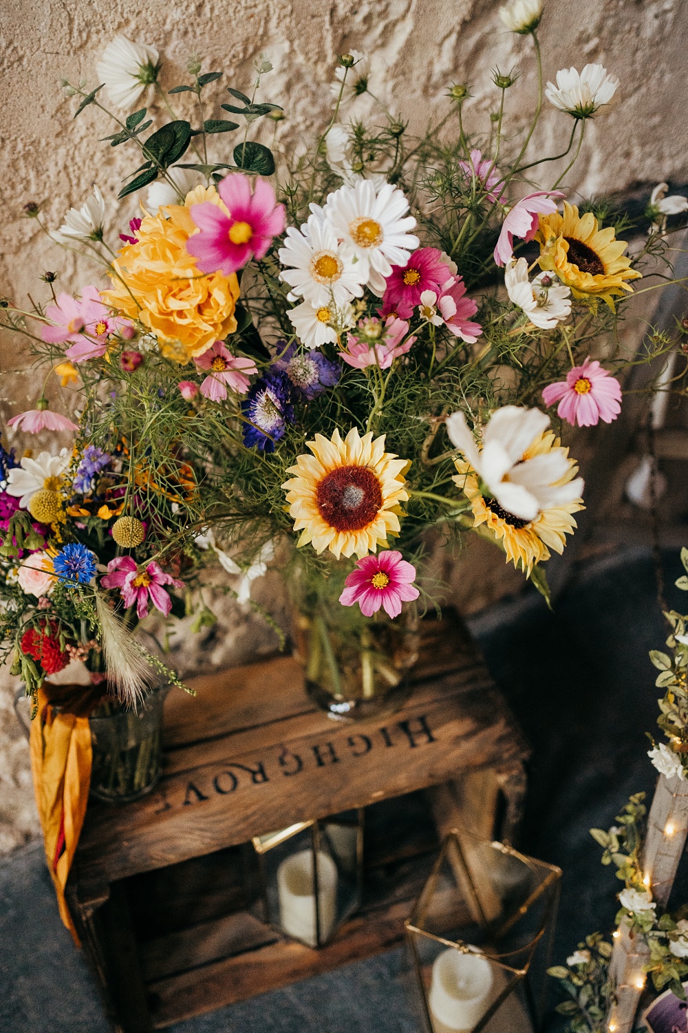 Wooden Crate Flowers Sunflower Daisy Decor Pagoda Wedding Ceremony Holly Collings Photography
