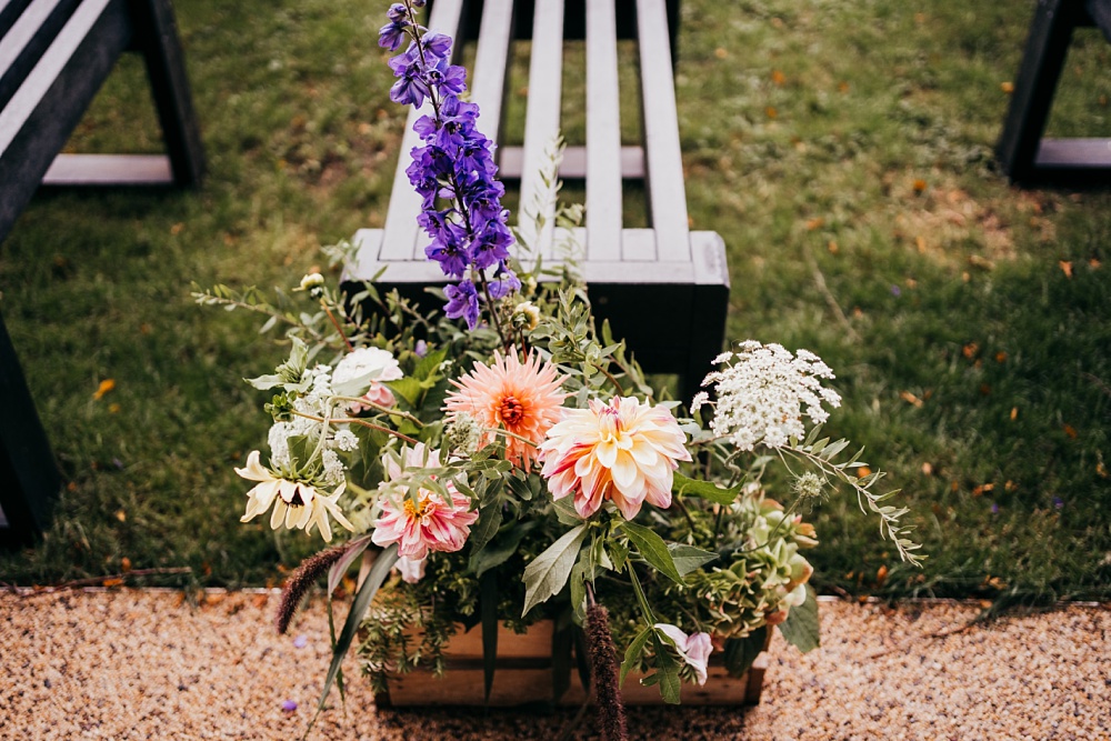 Pew End Aisle Crate Wooden Box Flowers Pagoda Wedding Ceremony Holly Collings Photography