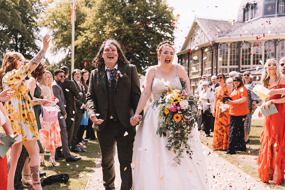 Confetti Throw Pavilion Gardens Buxton Wedding Lauren Elliott Photography