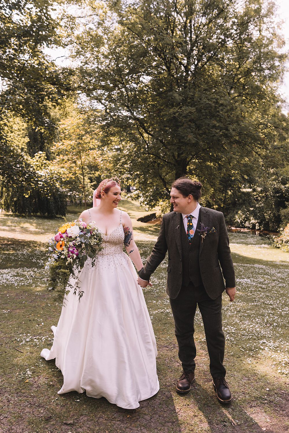 Bouquet Flowers Bride Cascading Colourful Large Pavilion Gardens Buxton Wedding Lauren Elliott Photography
