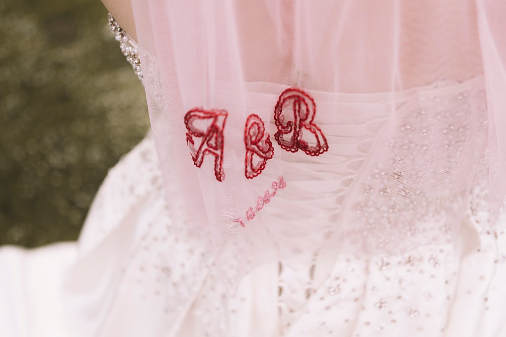 Pink Embroidered Veil Bride Pavilion Gardens Buxton Wedding Lauren Elliott Photography