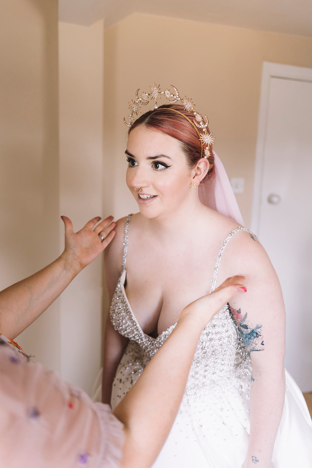 Pink Embroidered Veil Bride Crown Pavilion Gardens Buxton Wedding Lauren Elliott Photography