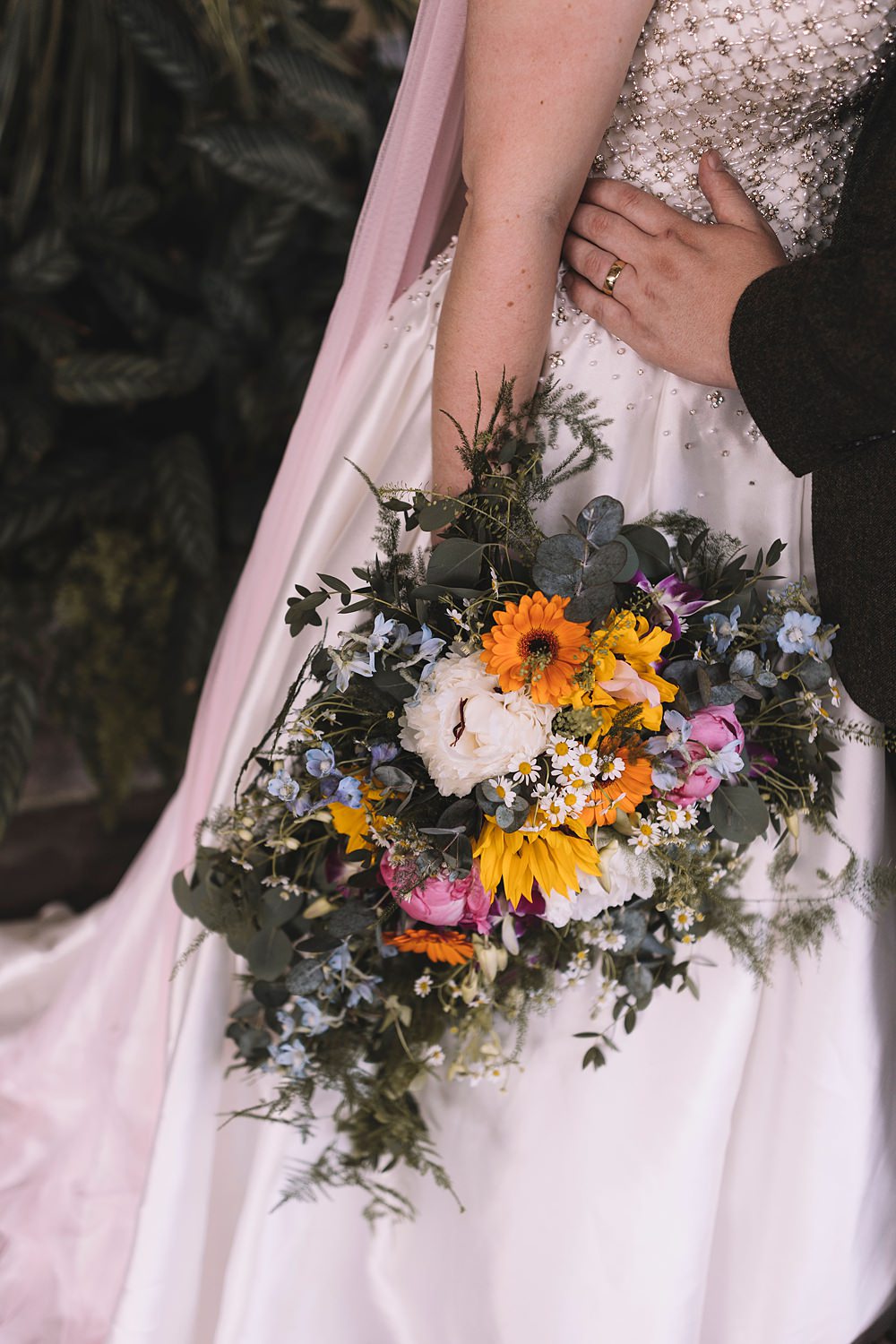 Cascading Bridal Bouquet Flowers Colourful Pavilion Gardens Buxton Wedding Lauren Elliott Photography