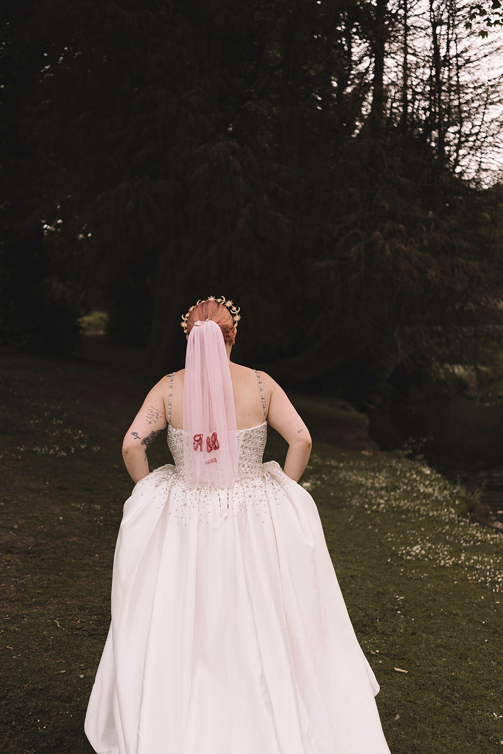 Bride Embroidered Pink Veil Pavilion Gardens Buxton Wedding Lauren Elliott Photography