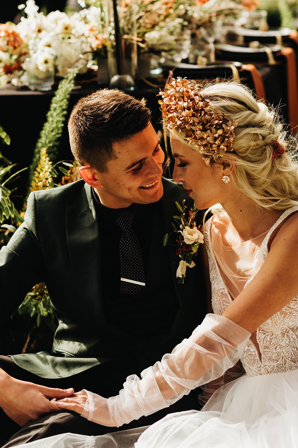 Bride Gold Crown Rust Green Wedding Ideas Julie Clarke Photography
