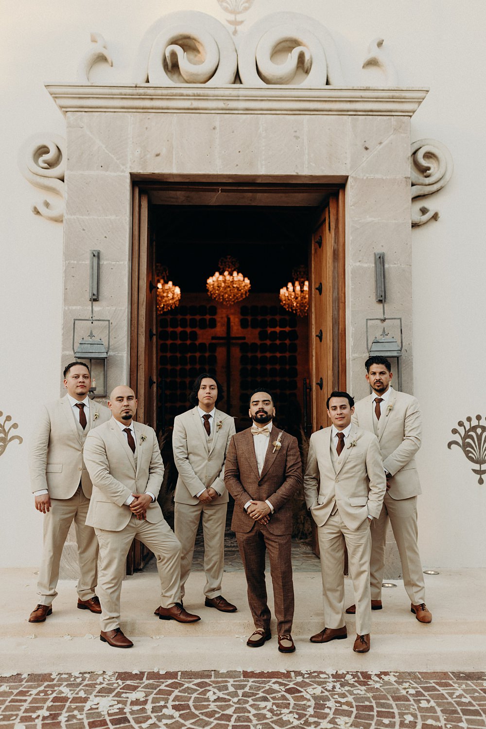 Groom Groomsmen Brown Suit Cream Villa La Joya Wedding Andre Gouin Photography