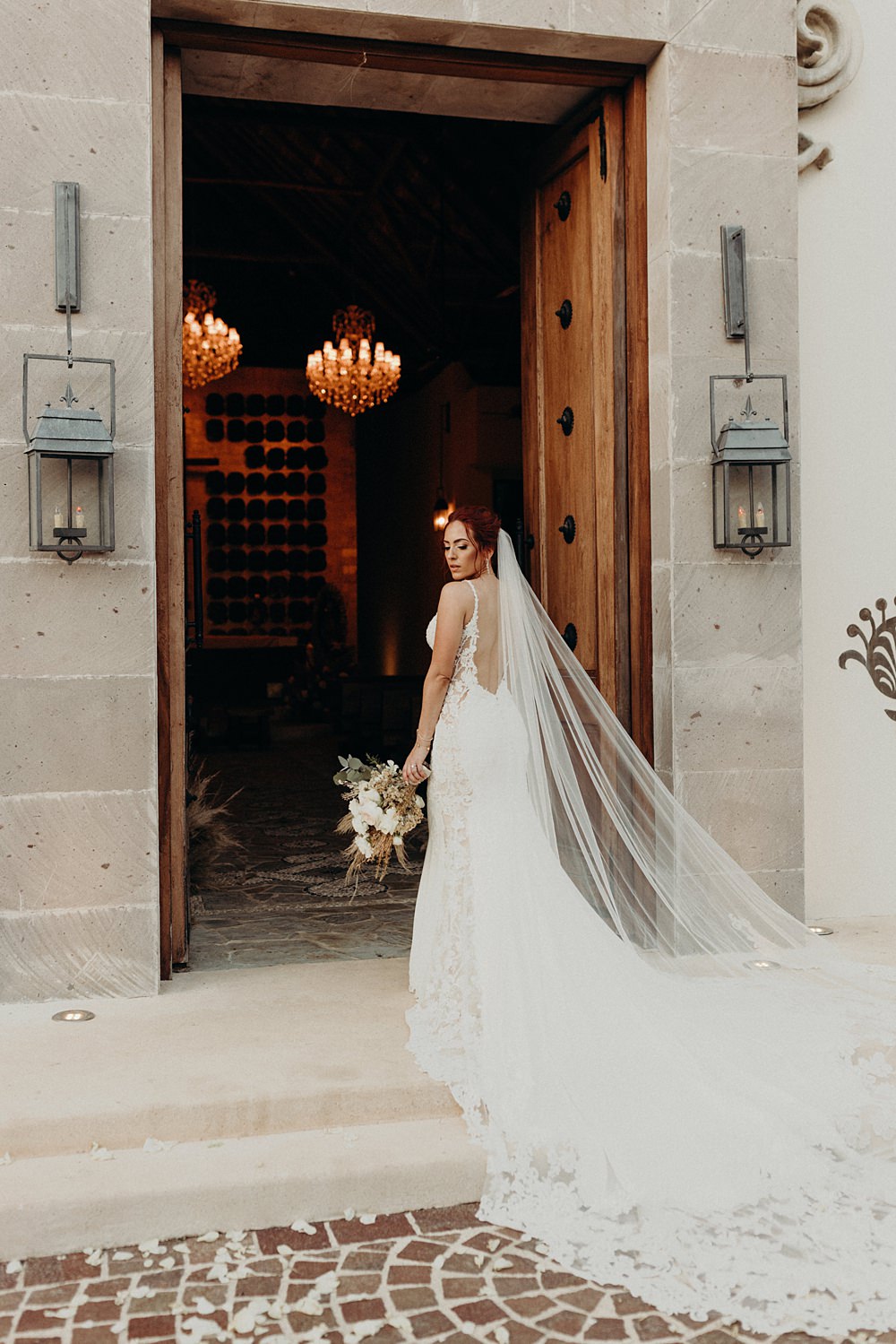 Dress Gown Bride Lace Side Cut Outs Veil Martina Liana Villa La Joya Wedding Andre Gouin Photography