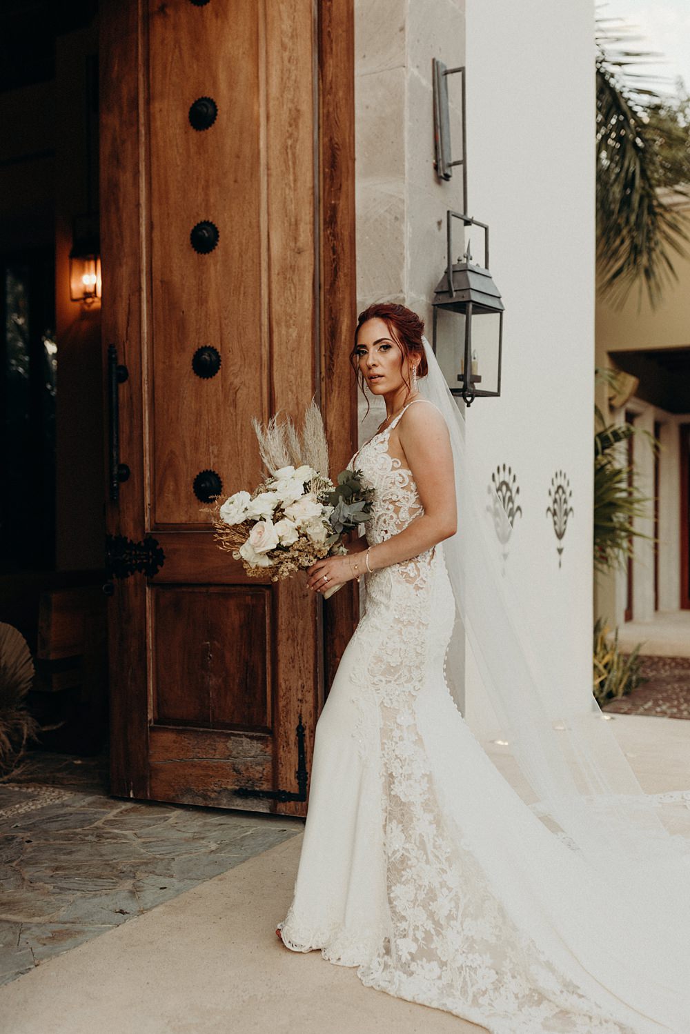 Dress Gown Bride Lace Side Cut Outs Veil Martina Liana Villa La Joya Wedding Andre Gouin Photography