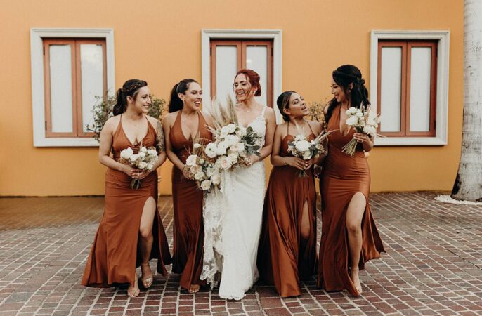 Copper Bronze Brown Bridesmaid Dresses Long Villa La Joya Wedding Andre Gouin Photography