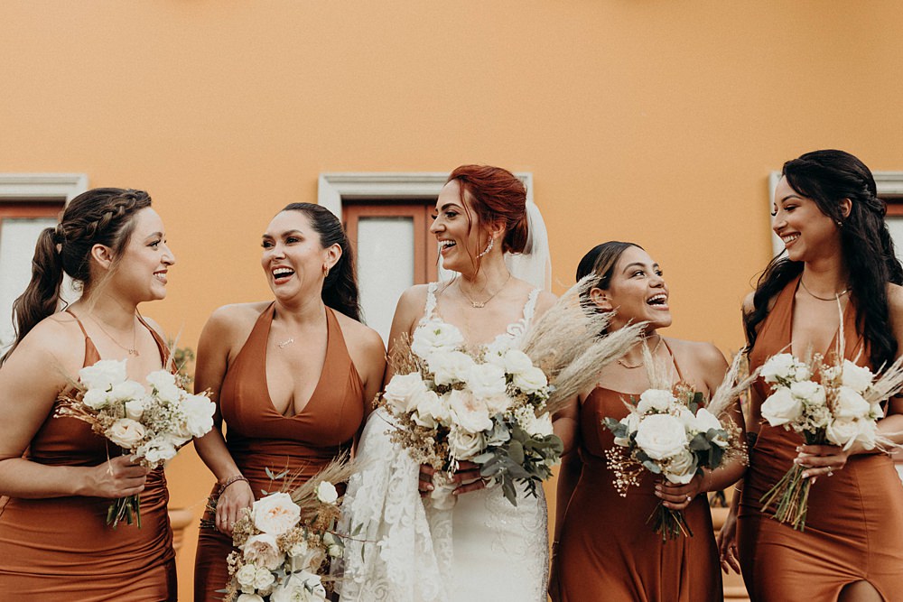 Copper Bronze Brown Bridesmaid Dresses Long Bouquets Villa La Joya Wedding Andre Gouin Photography