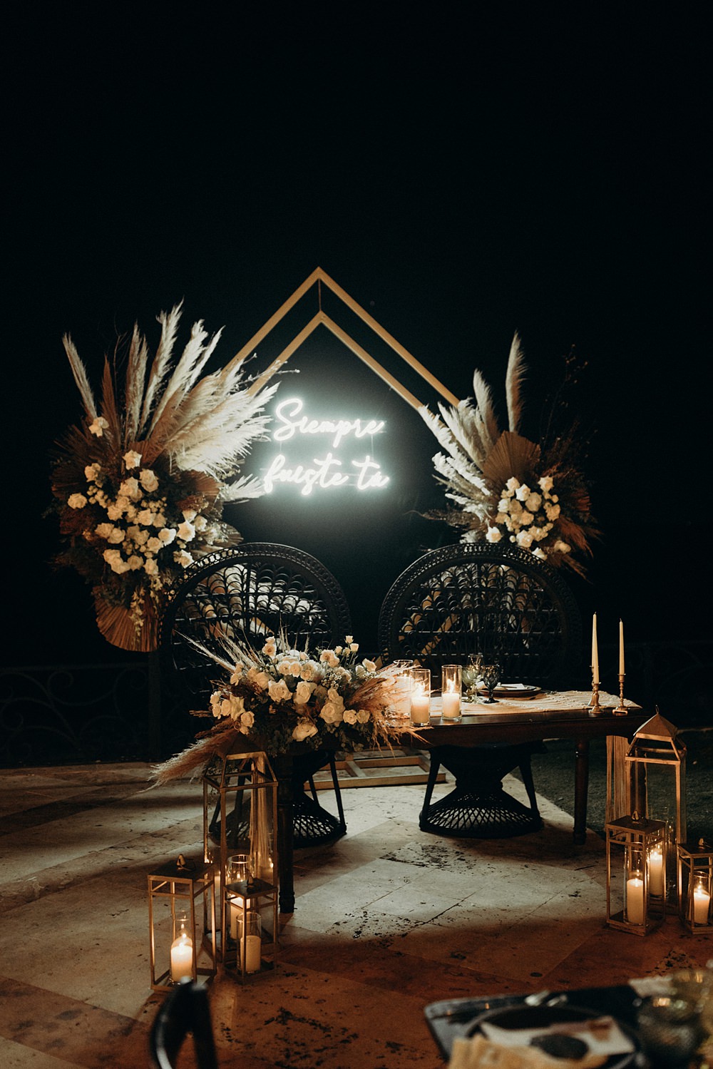 Top Table Sweetheart Neon Sign Backdrop Flowers Pampas Gras Candles Villa La Joya Wedding Andre Gouin Photography