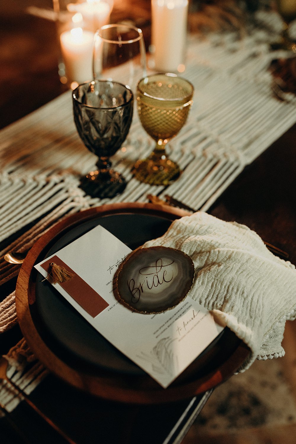 Place Setting Decor Macrame Agate Place Name Cheesecloth Napkin Menu Card Tassel Villa La Joya Wedding Andre Gouin Photography