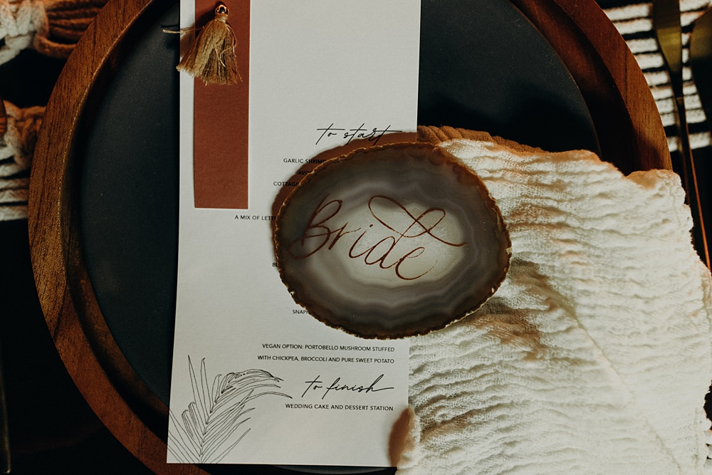 Place Setting Decor Macrame Agate Place Name Cheesecloth Napkin Menu Card Tassel Villa La Joya Wedding Andre Gouin Photography
