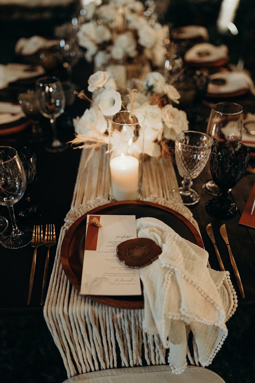 Place Setting Decor Macrame Agate Place Name Cheesecloth Napkin Menu Card Tassel Villa La Joya Wedding Andre Gouin Photography