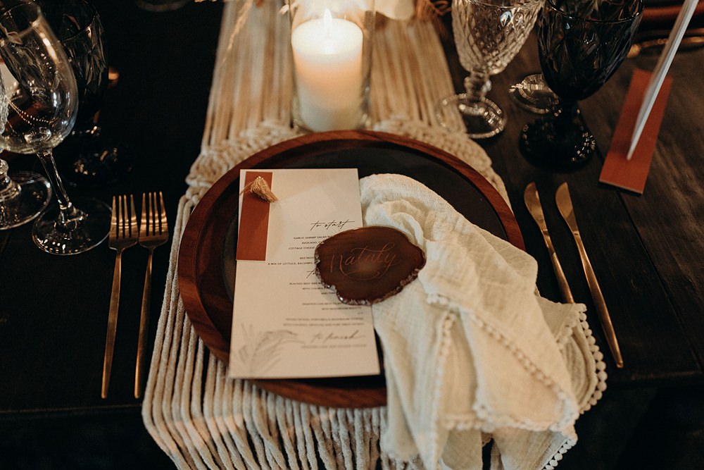 Place Setting Decor Macrame Agate Place Name Cheesecloth Napkin Menu Card Tassel Villa La Joya Wedding Andre Gouin Photography