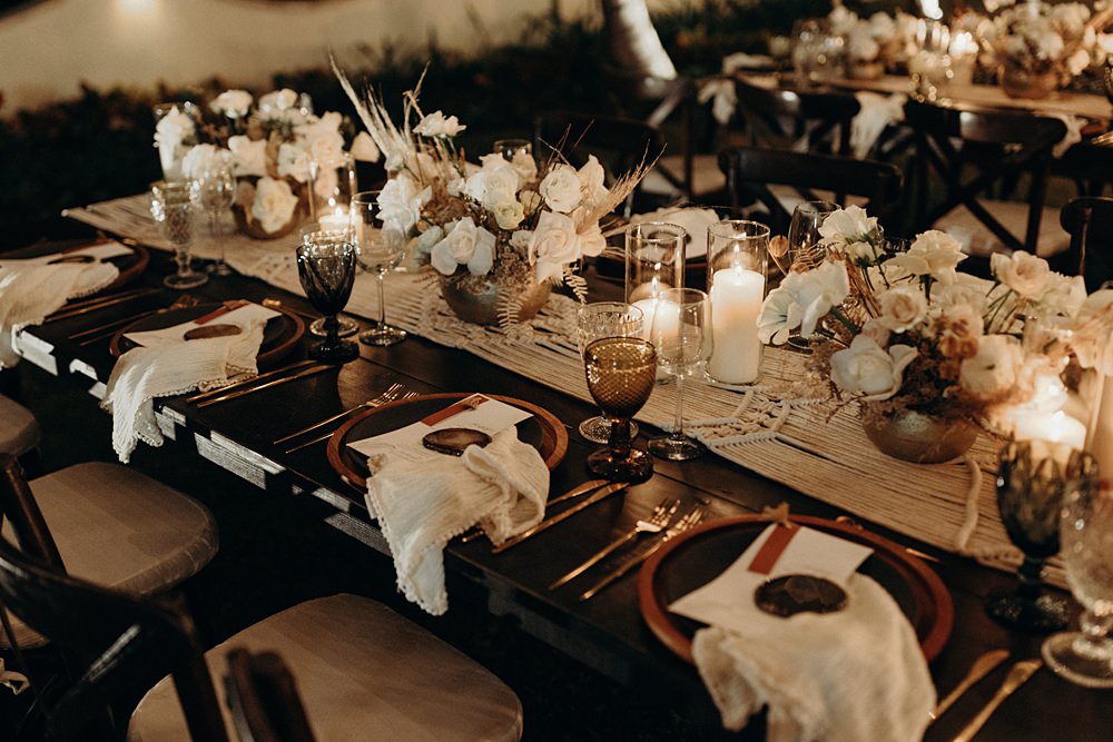 Table Decor Candles Cream Flowers Macrame Cheesecloth Villa La Joya Wedding Andre Gouin Photography