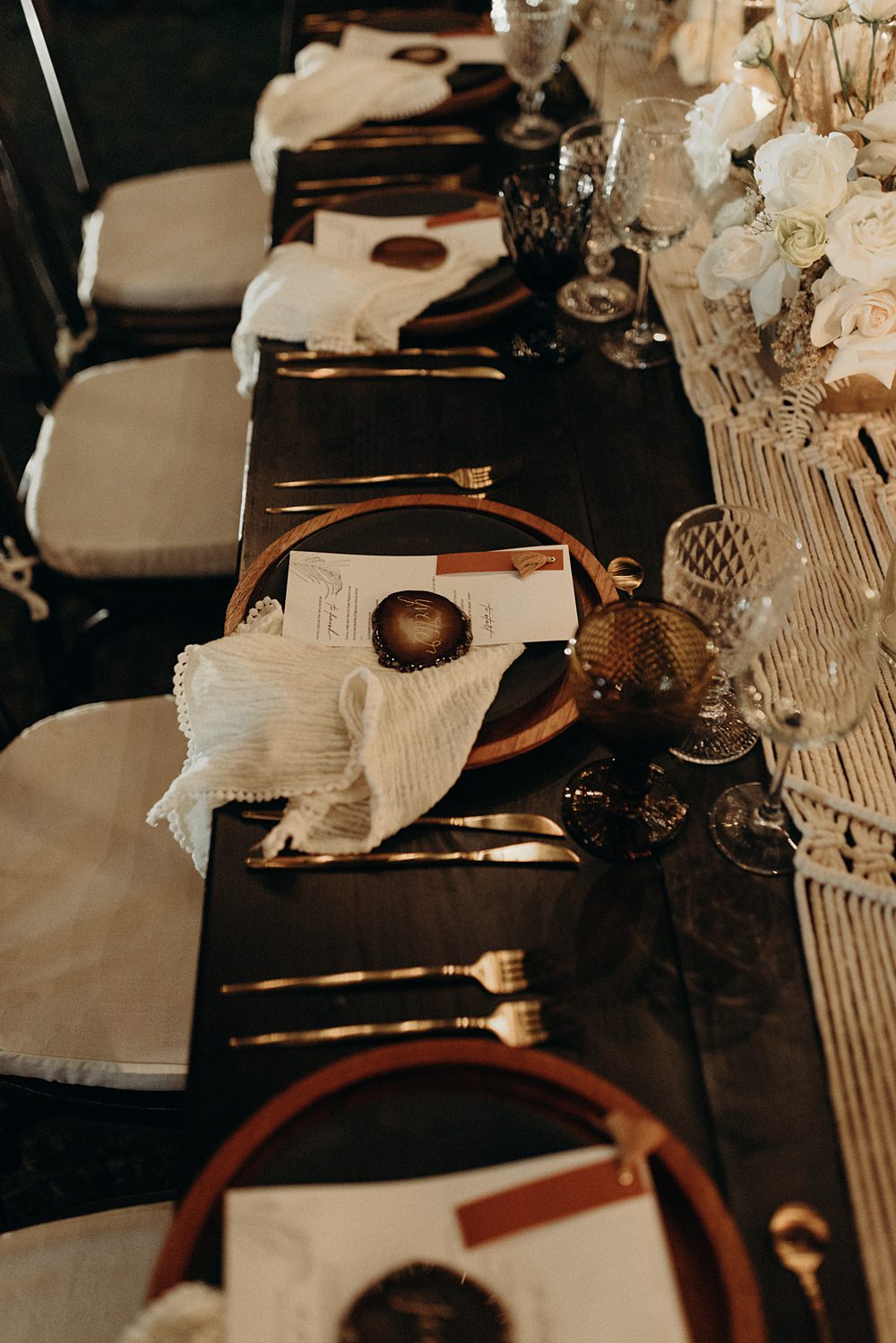 Table Decor Candles Cream Flowers Macrame Cheesecloth Villa La Joya Wedding Andre Gouin Photography