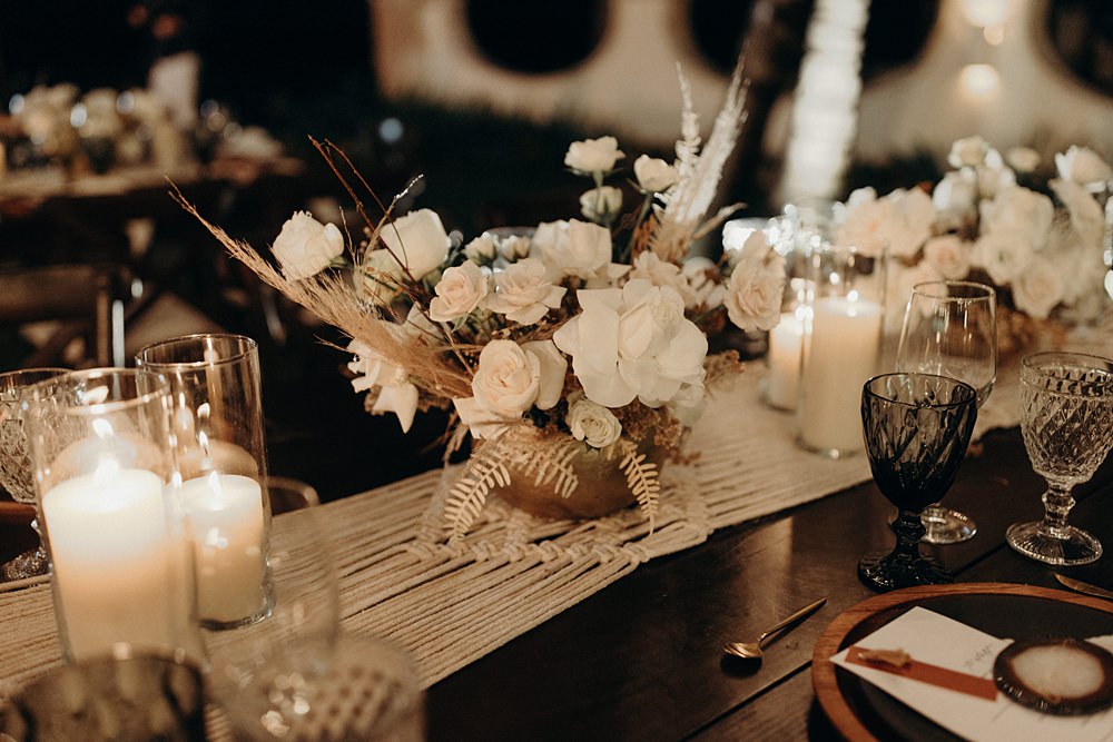 Centrepiece Flowers Cream Rose Candles Decor Villa La Joya Wedding Andre Gouin Photography