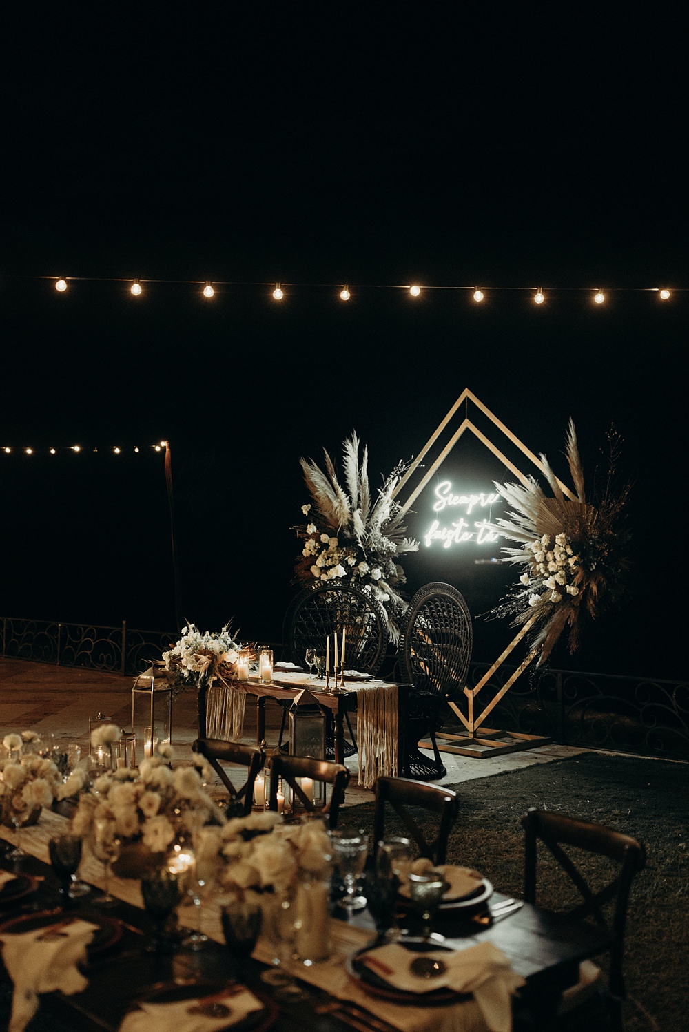 Top Table Sweetheart Neon Sign Backdrop Flowers Villa La Joya Wedding Andre Gouin Photography