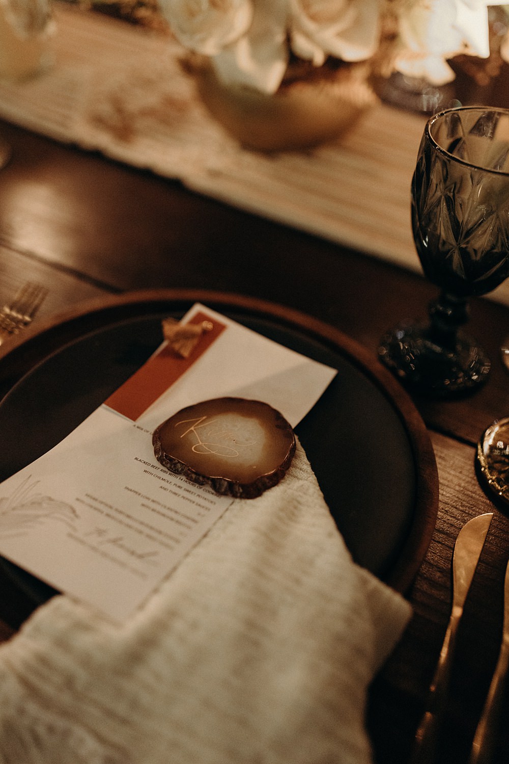 Place Setting Decor Macrame Agate Place Name Cheesecloth Napkin Menu Card Tassel Villa La Joya Wedding Andre Gouin Photography