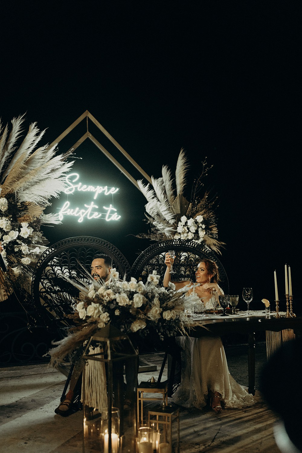 Top Table Sweetheart Neon Sign Backdrop Flowers Villa La Joya Wedding Andre Gouin Photography