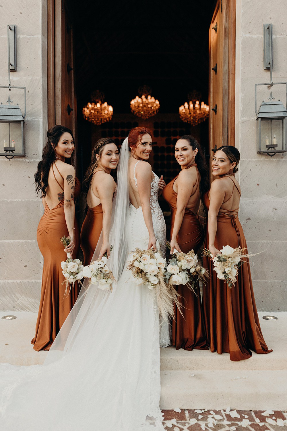 Copper Bronze Brown Bridesmaid Dresses Long Villa La Joya Wedding Andre Gouin Photography