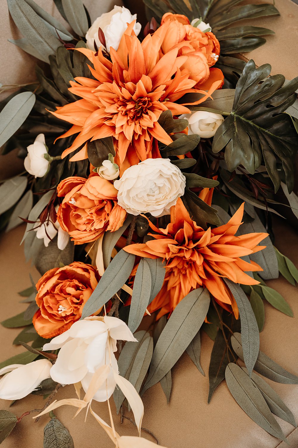 Cockley Woodland Weddings Don’t Delete The Kisses Orange Dahlia White Rose Greenery Bouquet Bridal