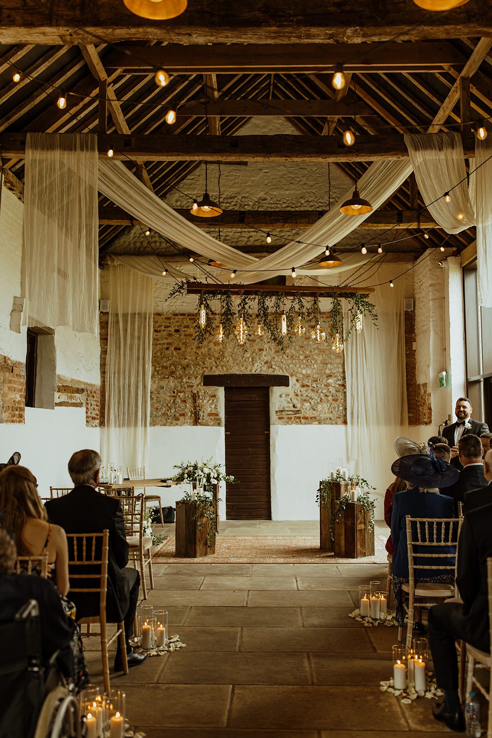 Ceremony Drapes Flowers Aisle Festoon Lights Curds Hall Barn Wedding Aurora Grey Photography