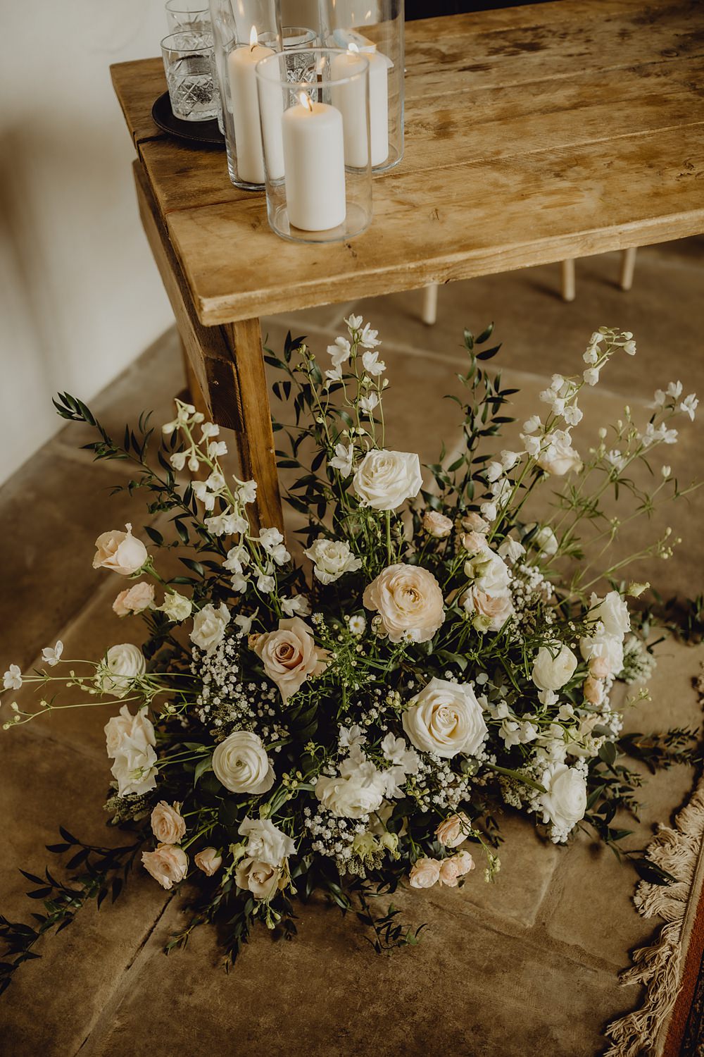 Ceremony Table Flowers Candles Peach White Rose Curds Hall Barn Wedding Aurora Grey Photography