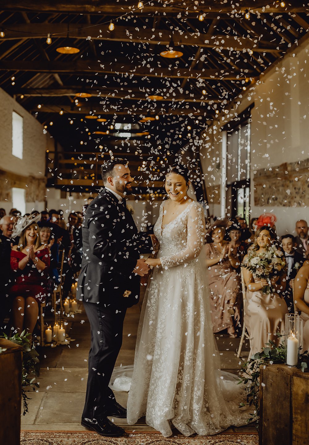 Ceremony Confetti Cannon Curds Hall Barn Wedding Aurora Grey Photography