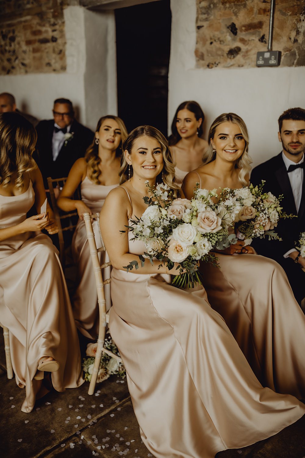 Champagne Satin Bridesmaid Dresses Curds Hall Barn Wedding Aurora Grey Photography