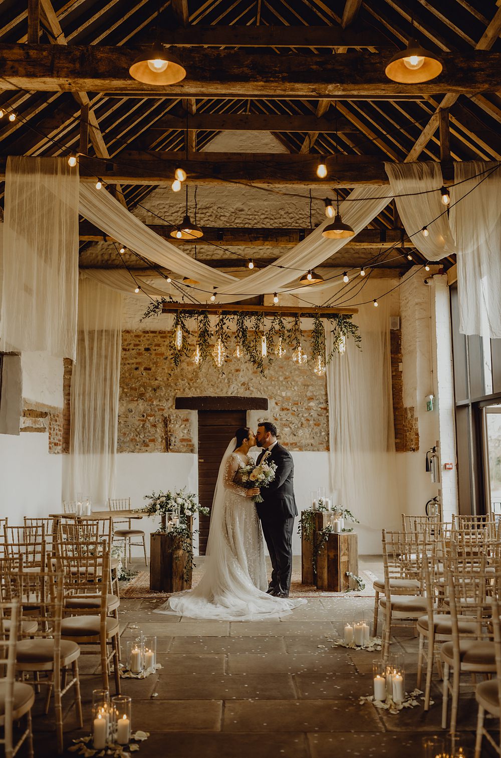 Curds Hall Barn Wedding Aurora Grey Photography Ceremony Drapes Flowers Aisle Festoon Lights